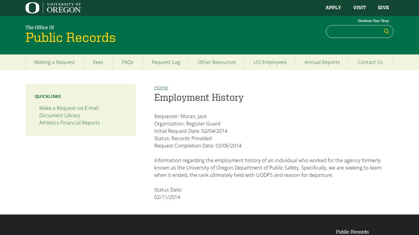 Employment History | Public Records - University of Oregon